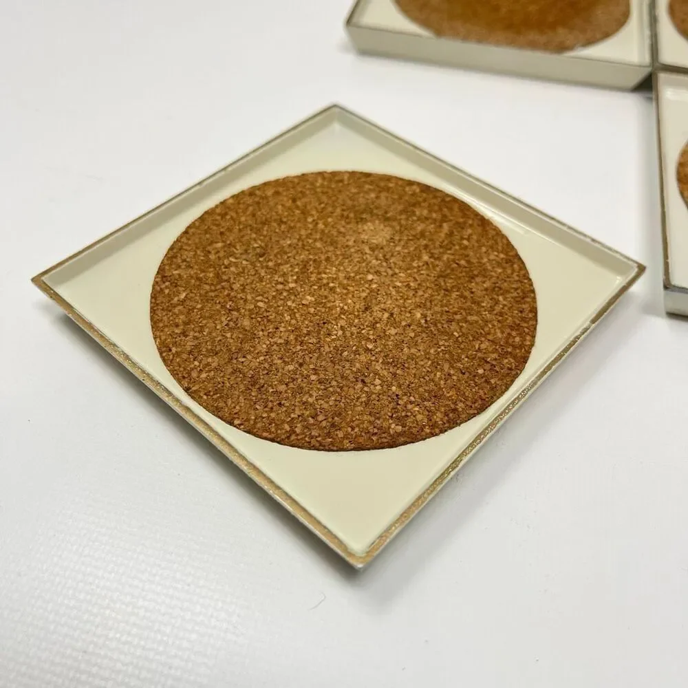 MCM Georges Briard Square Cream Gold Lacquer Ware Set of 6 Coasters Holder Japan
